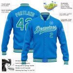 Personalized Electric Blue Teal White Varsity Letterman Bomber Jacket Full-Snap Personalized Electric Blue Teal-White Bomber