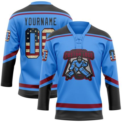 Personalized Electric Blue Vintage USA Flag Hockey Jersey with Black-Maroon Lace Neck Personalized Electric Blue Vintage