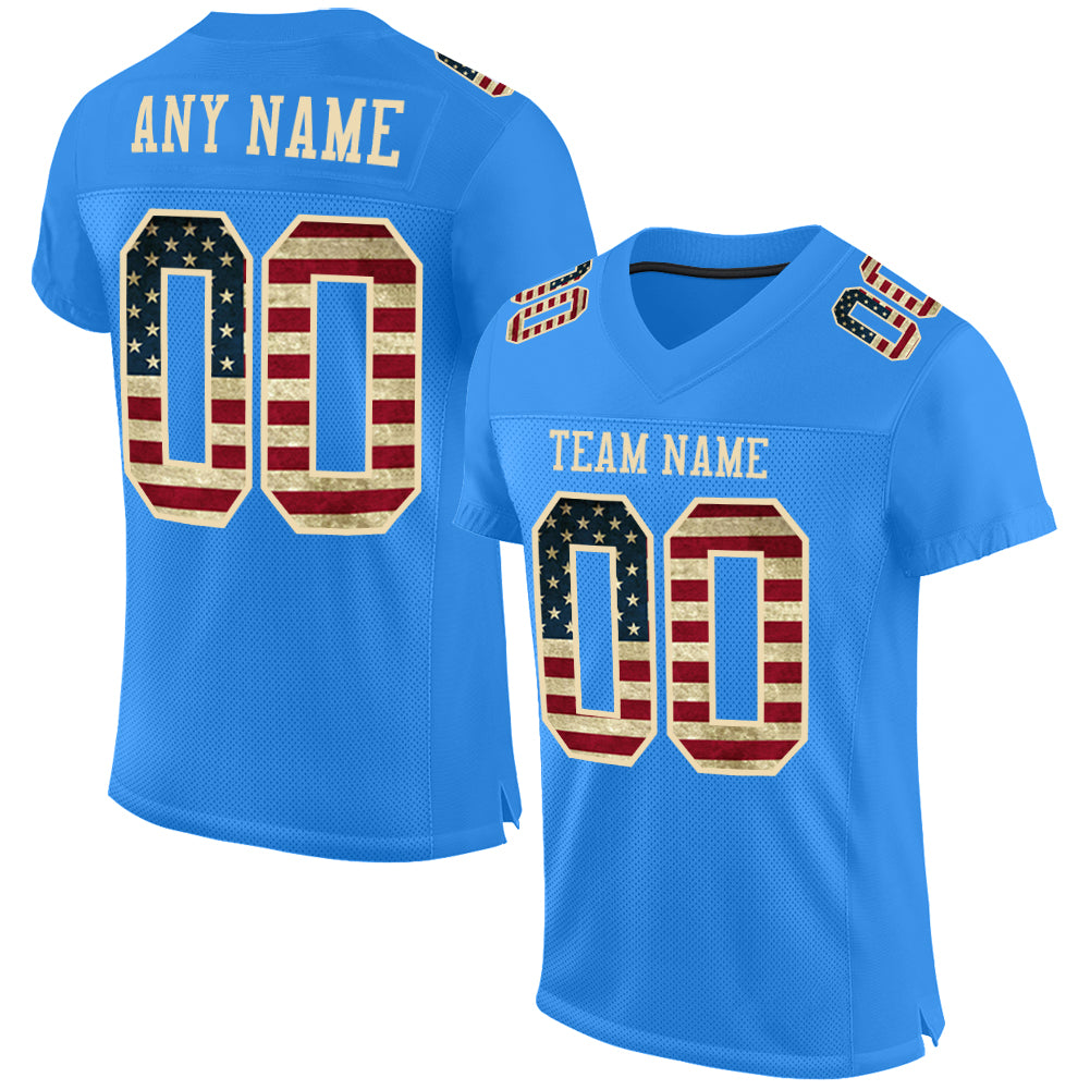 Personalized Electric Blue Vintage USA Flag Football Jersey - City Cream Mesh Authentic Design Personalized Electric Blue