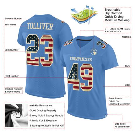 Custom Electric Blue Vintage USA Flag Football Jersey with Mesh Cream Design - Personalized Name & Number Personalized Electric