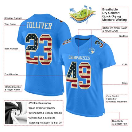 Personalized Electric Blue Vintage USA Flag Football Jersey - City Cream Mesh 2 Personalized Electric Blue Vintage USA Flag-City