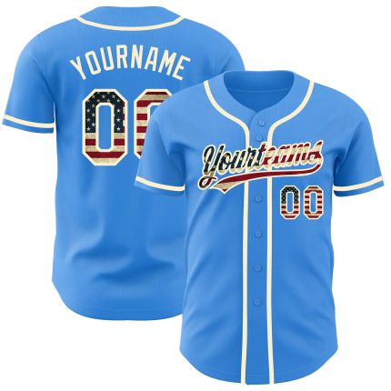 Custom Electric Blue Vintage USA Flag Baseball Jersey - Personalized Cream Team Name & Number Personalized Electric Blue