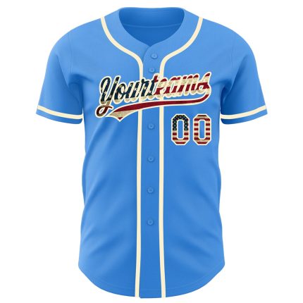 Custom Electric Blue Vintage USA Flag Baseball Jersey - Personalized Cream Team Name & Number Personalized Electric Blue