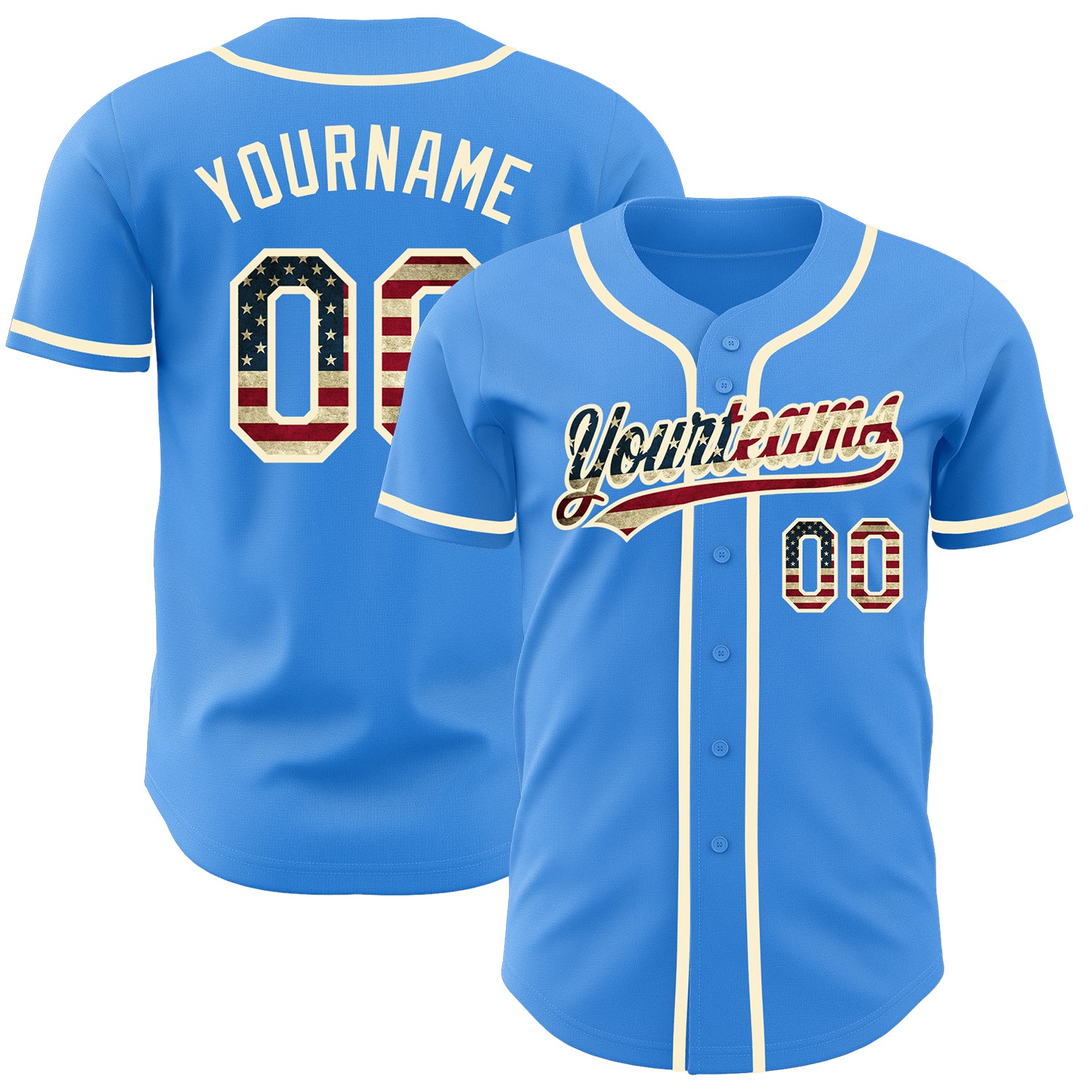 Personalized Electric Blue Vintage USA Flag Baseball Jersey - Cream Color, Custom Sports Apparel Personalized Electric Blue