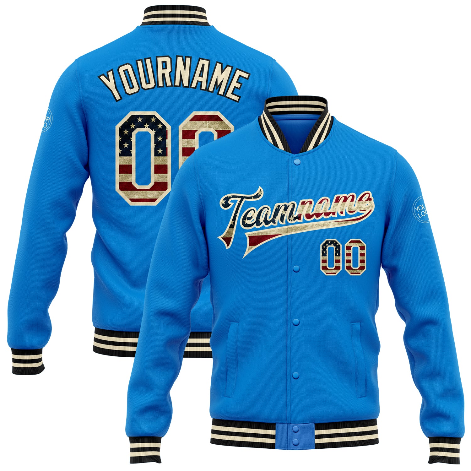 Custom Electric Blue Vintage USA Flag Bomber Varsity Jacket with Cream-Black Snap and Personalization Options Personalized