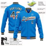 Custom Electric Blue Vintage USA Flag Bomber Varsity Jacket with Cream-Black Snap and Personalization Options Personalized