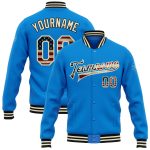 Electric Blue Vintage USA Flag Bomber Jacket, Personalized Cream-Black Full-Snap Varsity Letterman Style Personalized Electric