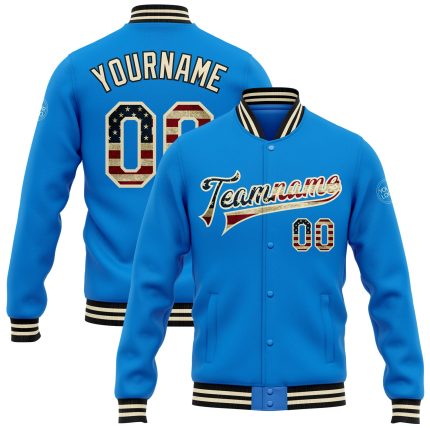 Electric Blue Vintage USA Flag Bomber Jacket, Personalized Cream-Black Full-Snap Varsity Letterman Style Personalized Electric