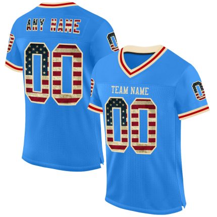 Personalized Electric Blue Vintage USA Flag Football Jersey Custom Name Number Cream-Red Mesh Authentic Throwback Team Apparel