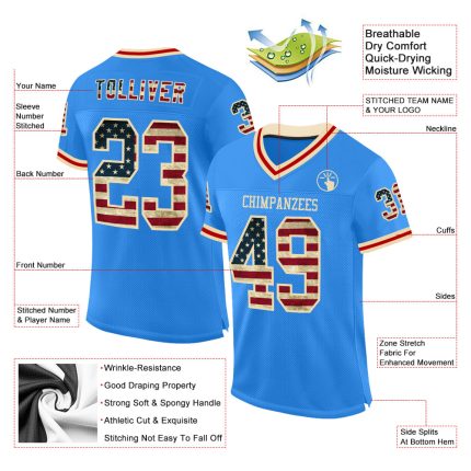 Personalized Electric Blue Vintage USA Flag Football Jersey Custom Name Number Cream-Red Mesh Authentic Throwback Team Apparel