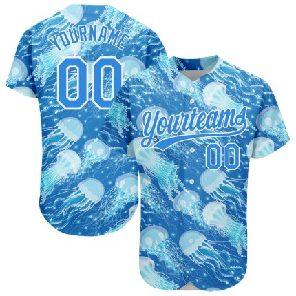 Electric Blue White Personalized 3D Jellyfish Baseball Jersey for Men Personalized Electric Blue White 3D Jellyfish Baseball