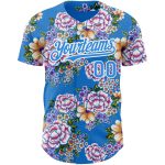 Personalized 3D Big Flower Baseball Jersey in Electric Blue & White - Northeast China Design Personalized Electric Blue White