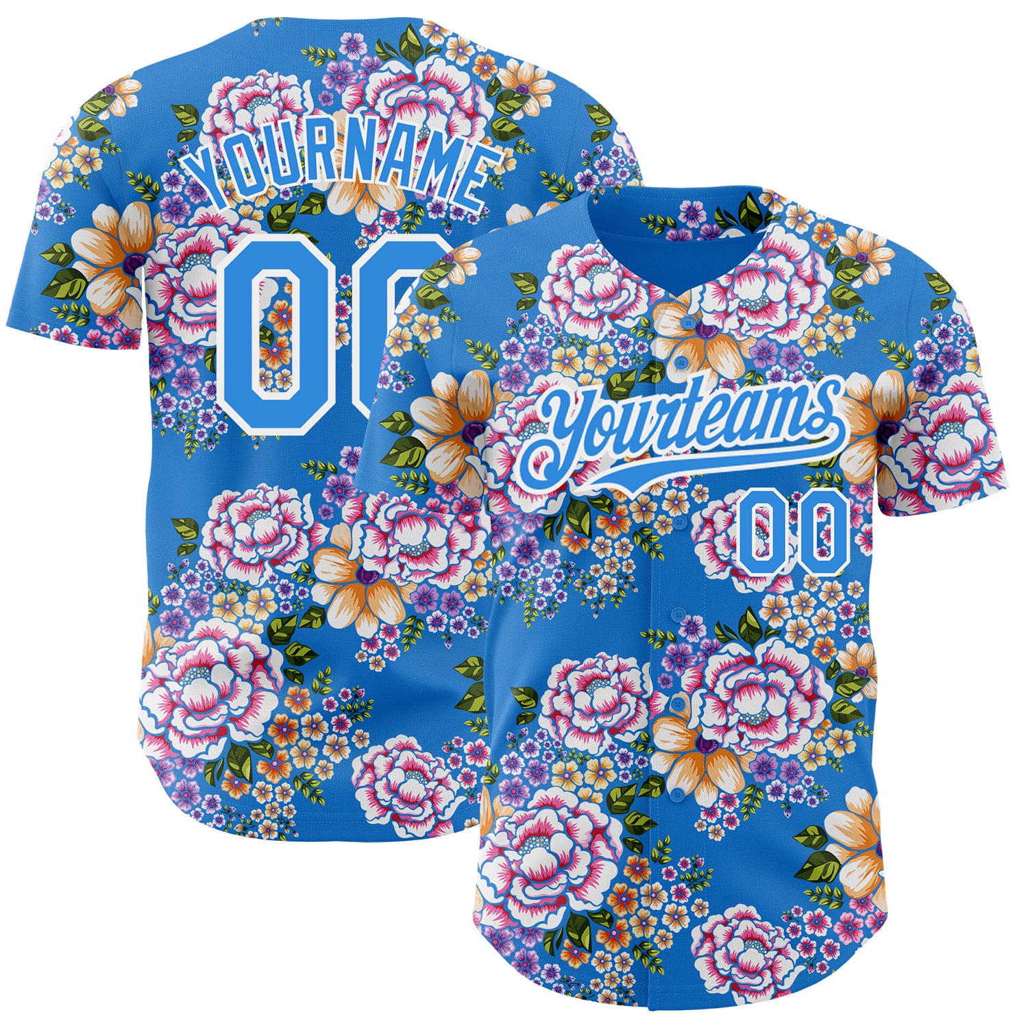 Personalized 3D Big Flower Baseball Jersey in Electric Blue & White - Northeast China Design Personalized Electric Blue White