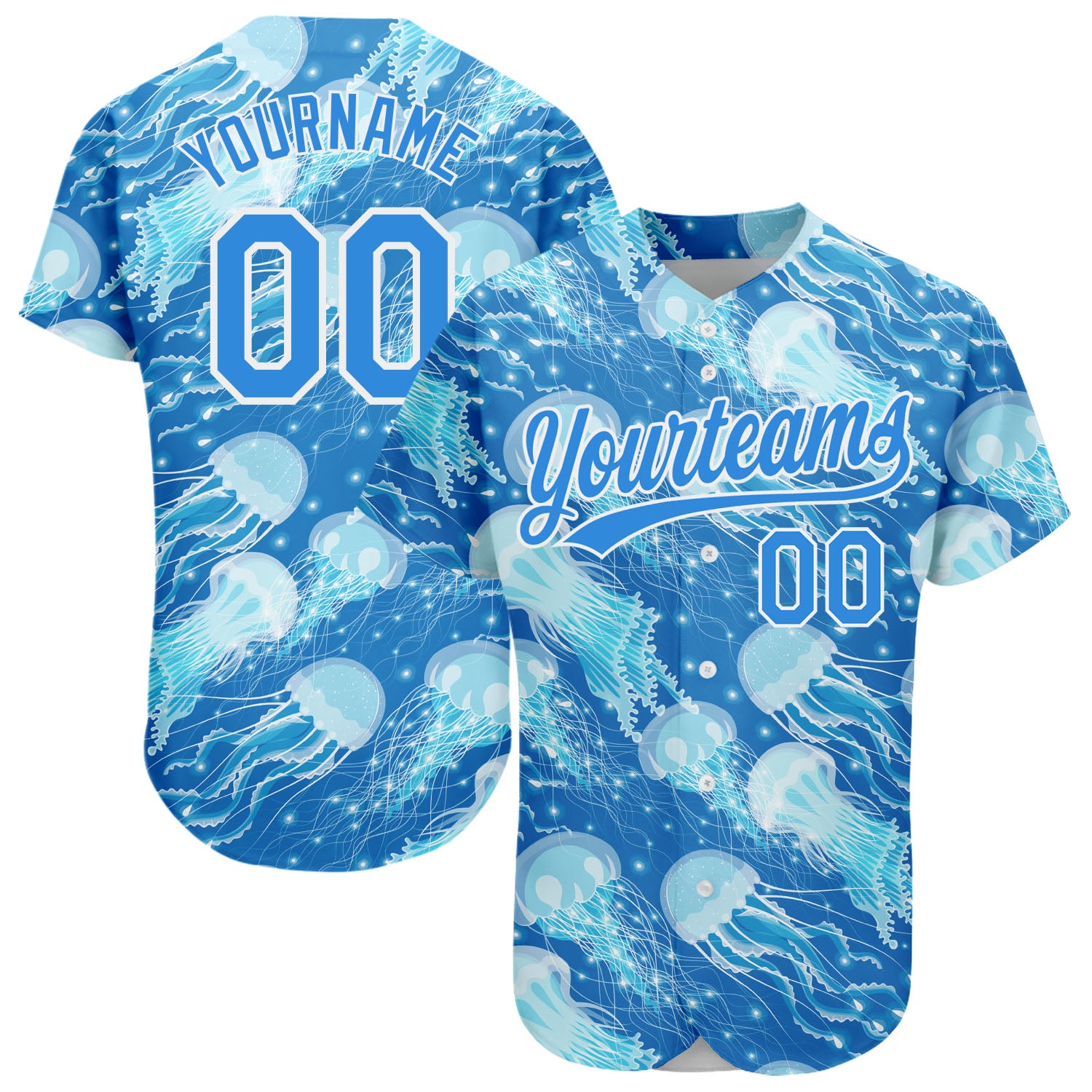 Custom Name and Number Baseball Jersey - Personalized Electric Blue White 3D Jellyfish Design Personalized Electric Blue