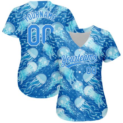 Custom Name and Number Baseball Jersey - Personalized Electric Blue White 3D Jellyfish Design Personalized Electric Blue