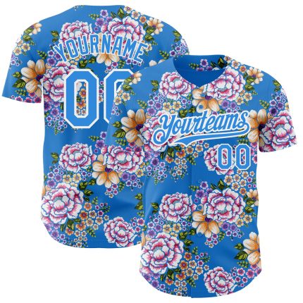 Custom Name & Number Northeast China Baseball Jersey - Electric Blue White 3D Big Flower Design Personalized Electric Blue