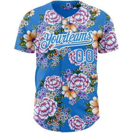 Custom Name & Number Northeast China Baseball Jersey - Electric Blue White 3D Big Flower Design Personalized Electric Blue