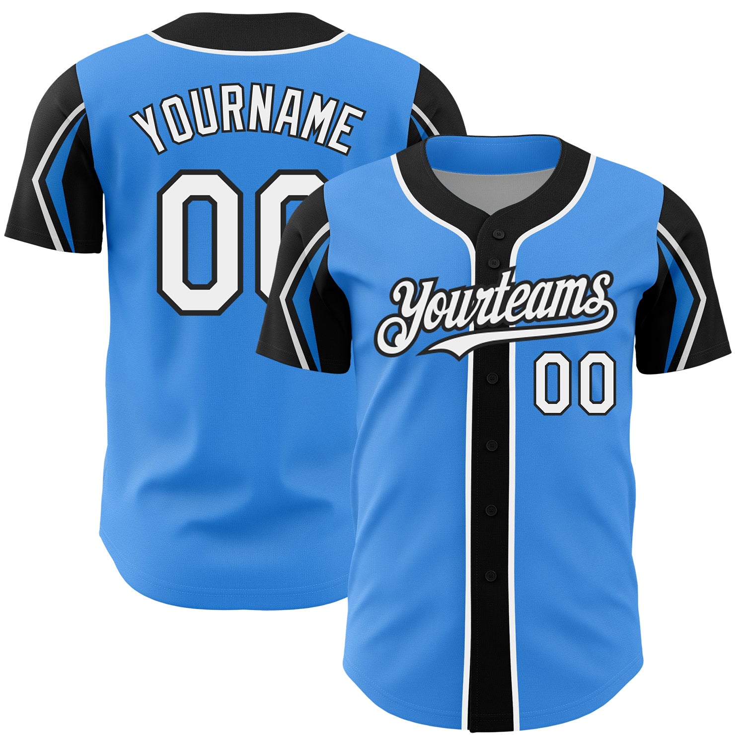 Custom Baseball Jersey with Personalized Name and Number, Electric Blue White-Black, 3 Colors, Arm Shapes Personalized Electric