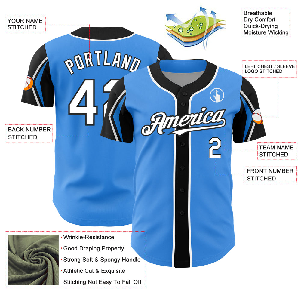 Personalized Electric Blue and Black Baseball Jersey - 3 Color Options, Stylish Arm Shapes Personalized Electric Blue White-Black - Image 4