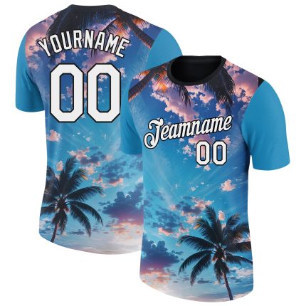 Personalized 3D Hawaii Palm Trees Performance T-Shirt in Electric Blue White-Black Personalized Electric Blue White-Black