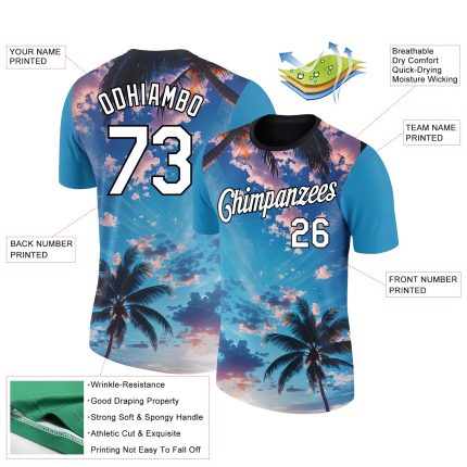 Custom Name and Number Hawaii Palm Trees Performance T-Shirt - 3D Electric Blue White-Black Design Personalized Electric