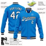 Custom Electric Blue Black White Varsity Letterman Full-Snap Bomber Jacket Personalized Electric Blue White-Black Bomber