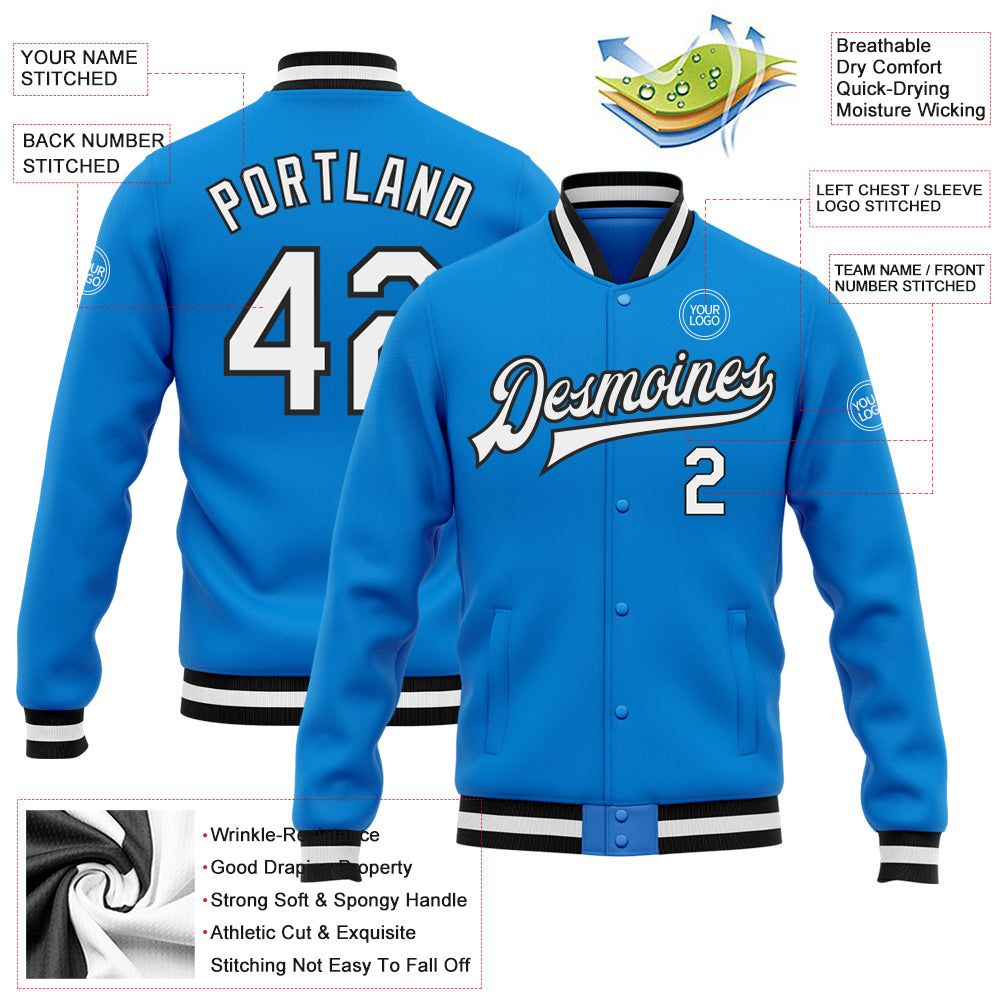 Custom Electric Blue Black White Varsity Letterman Full-Snap Bomber Jacket Personalized Electric Blue White-Black Bomber - Image 5