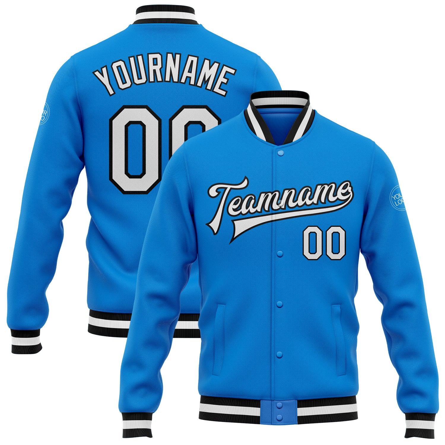 Custom Team Name and Number Electric Blue Bomber Jacket Varsity Letterman Full-Snap White-Black Personalized Electric Blue