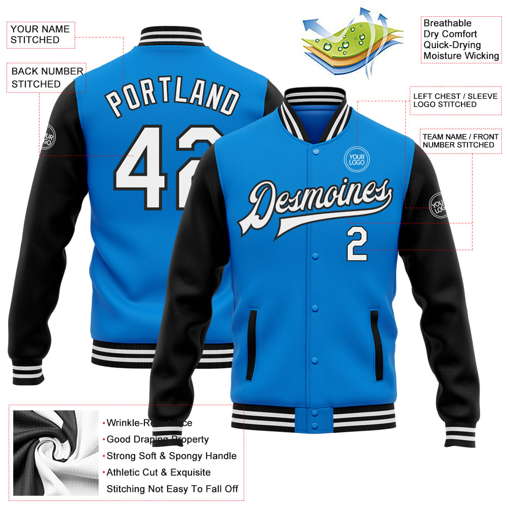 Personalized Electric Blue Two Tone Varsity Letterman Bomber Jacket - Full-Snap White and Black Personalized Electric Blue - Image 5