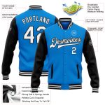 Custom Team Name Number Bomber Jacket Electric Blue Black White Varsity Full-Snap Two Tone Letterman Personalized Electric