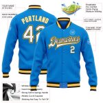 Electric Blue Black Gold Personalized Varsity Letterman Bomber Jacket Full-Snap Personalized Electric Blue White Black-Gold
