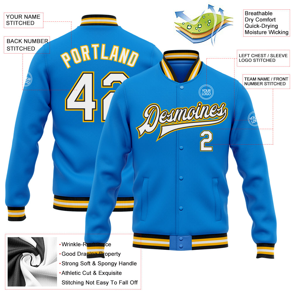 Electric Blue Black Gold Personalized Varsity Letterman Bomber Jacket Full-Snap Personalized Electric Blue White Black-Gold - Image 5