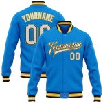 Electric Blue Black Gold Personalized Varsity Letterman Bomber Jacket Full-Snap Personalized Electric Blue White Black-Gold