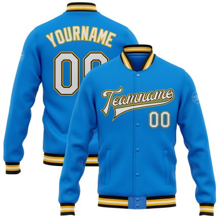 Electric Blue Black Gold Personalized Varsity Letterman Bomber Jacket Full-Snap Personalized Electric Blue White Black-Gold