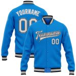 Personalized Electric Blue Black Gray Varsity Letterman Bomber Jacket Full-Snap Personalized Electric Blue White Black-Gray
