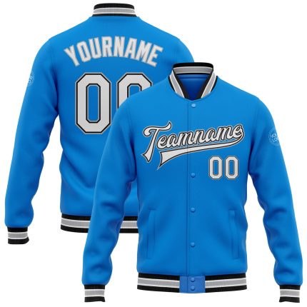Personalized Electric Blue Black Gray Varsity Letterman Bomber Jacket Full-Snap Personalized Electric Blue White Black-Gray