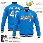Personalized Electric Blue Black Gray Varsity Letterman Bomber Jacket Full-Snap Personalized Electric Blue White Black-Gray