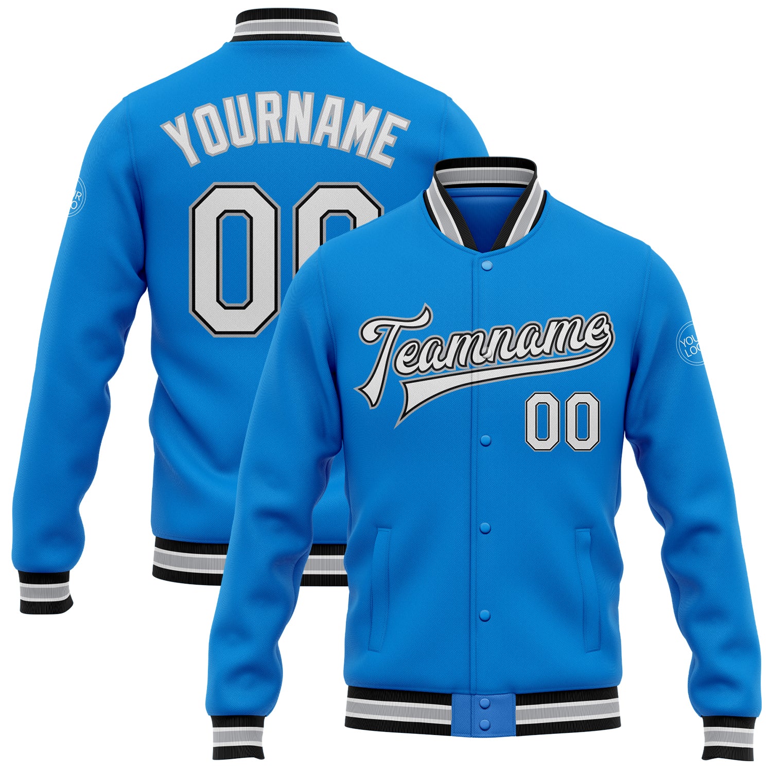 Custom Varsity Letterman Jacket with Team Name & Number - Electric Blue White Black-Gray Full-Snap Bomber Personalized Electric