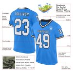 Electric Blue Personalized Throwback Football Jersey, White-Black Mesh Design Personalized Electric Blue White-Black Mesh