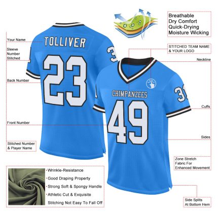 Electric Blue Personalized Throwback Football Jersey, White-Black Mesh Design Personalized Electric Blue White-Black Mesh