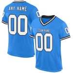 Electric Blue Personalized Throwback Football Jersey, White-Black Mesh Design Personalized Electric Blue White-Black Mesh