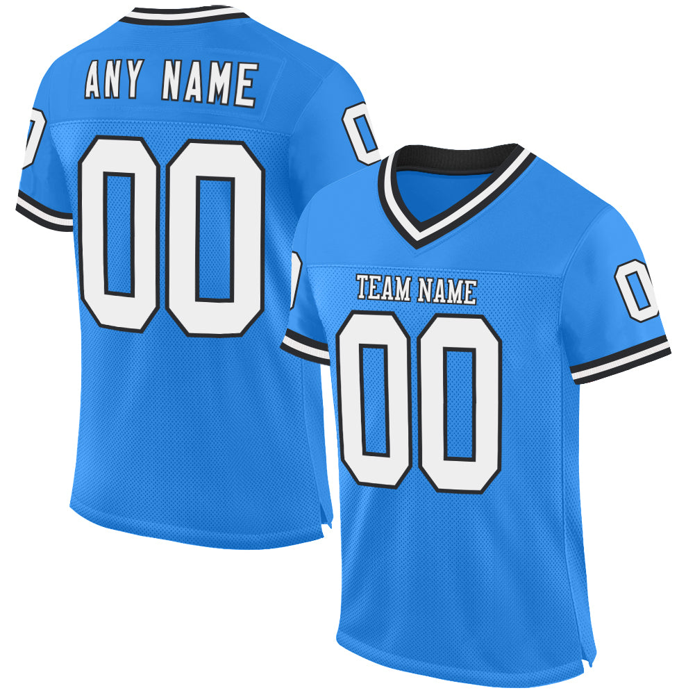 Electric Blue Personalized Throwback Football Jersey, White-Black Mesh Design Personalized Electric Blue White-Black Mesh