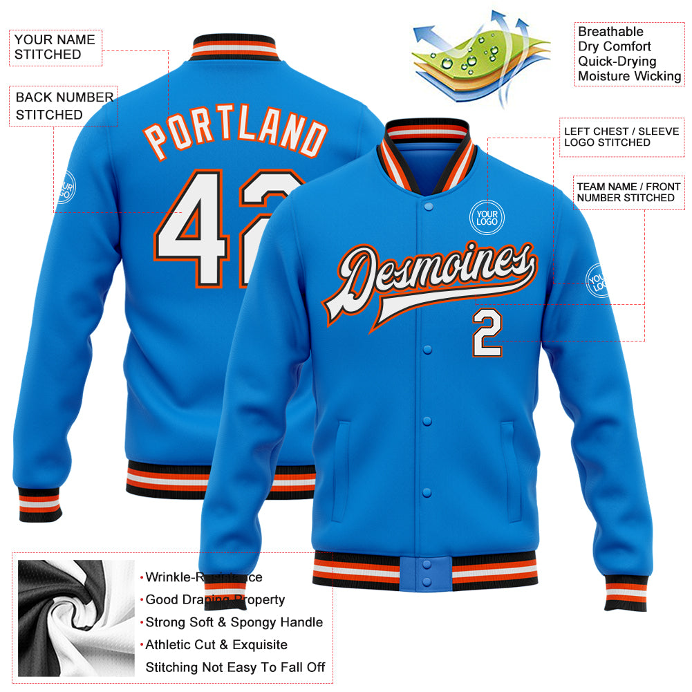Personalized Electric Blue Black Orange Varsity Bomber Jacket Full-Snap Letterman Personalized Electric Blue White Black-Orange - Image 5