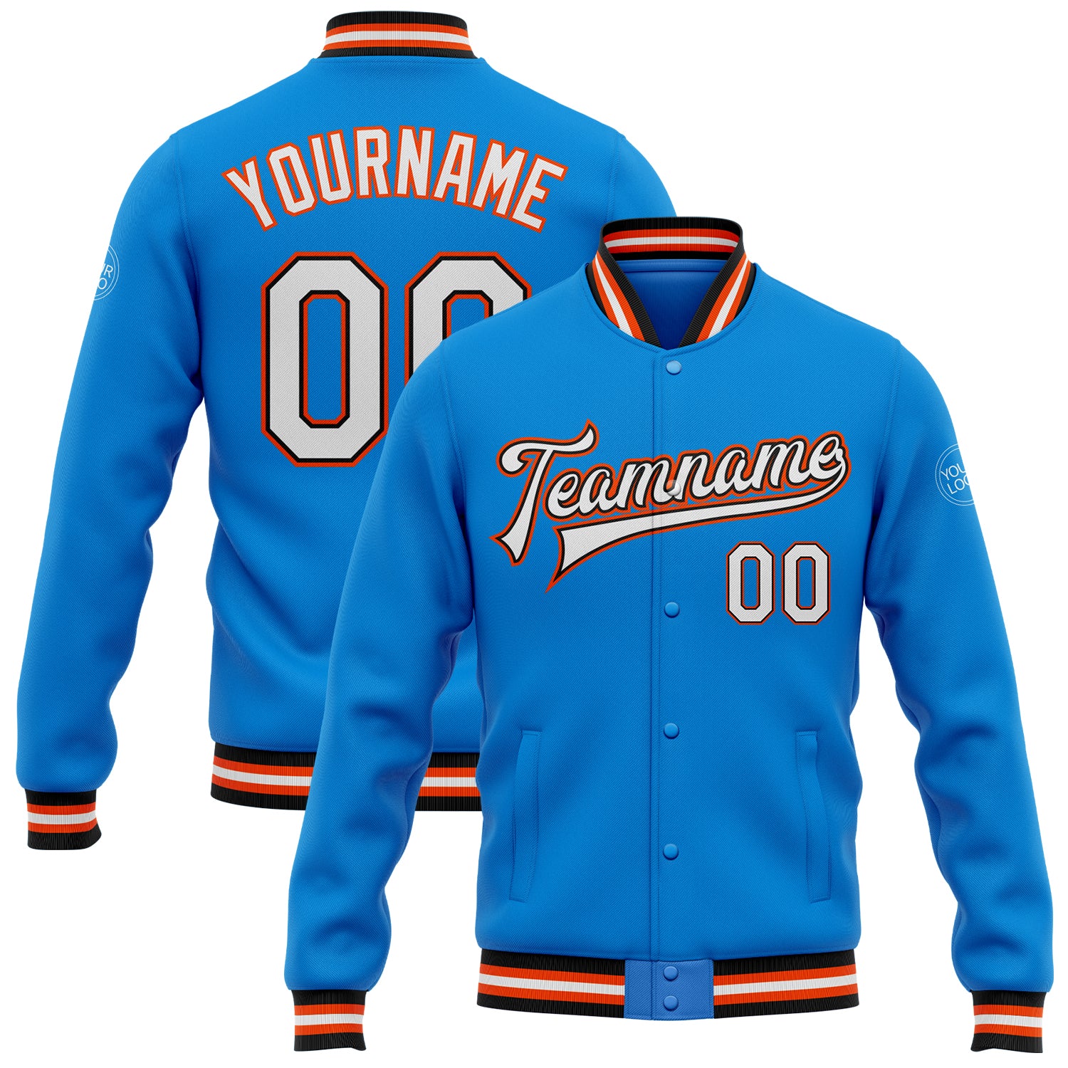 Custom Team Bomber Jacket with Personalized Name & Number - Electric Blue, White, Black, Orange Full-Snap Varsity Style Personalized