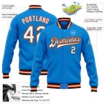 Custom Team Bomber Jacket with Personalized Name & Number - Electric Blue, White, Black, Orange Full-Snap Varsity Style Personalized