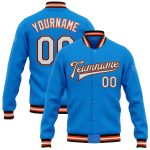Personalized Electric Blue Black Orange Varsity Bomber Jacket Full-Snap Letterman Personalized Electric Blue White Black-Orange