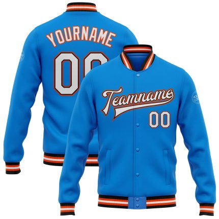 Personalized Electric Blue Black Orange Varsity Bomber Jacket Full-Snap Letterman Personalized Electric Blue White Black-Orange
