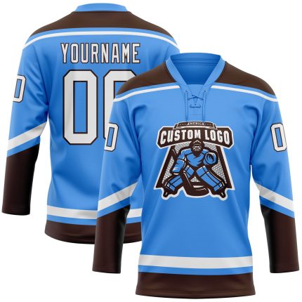 Personalized Electric Blue White Brown Hockey Lace Jersey for Men and Women Personalized Electric Blue White-Brown Hockey