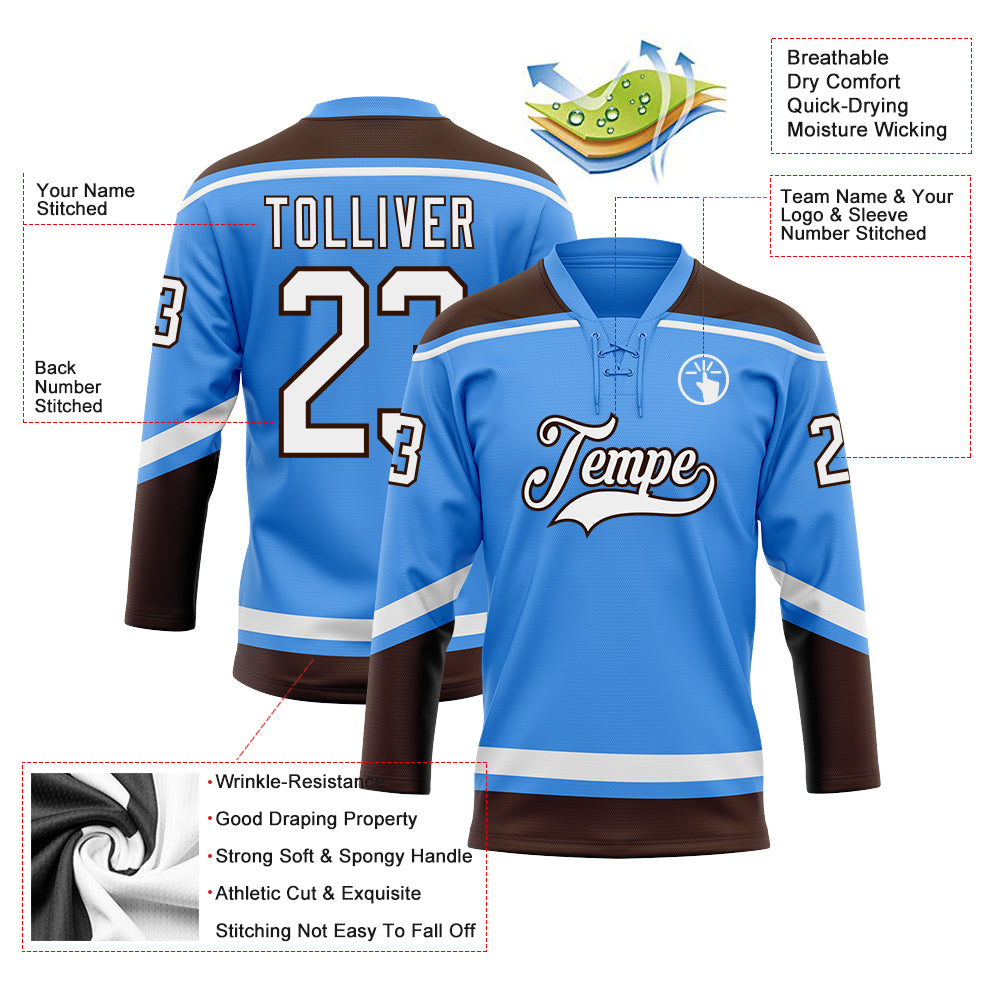 Personalized Electric Blue White Brown Hockey Lace Jersey for Men and Women Personalized Electric Blue White-Brown Hockey - Image 3