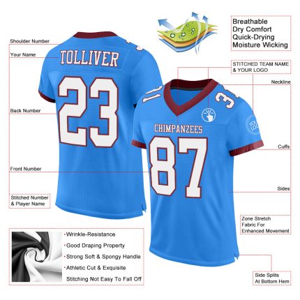 Custom Electric Blue White-Burgundy Mesh Football Jersey with Personalized Name & Number - Authentic Team Apparel Personalized